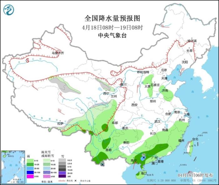 图1 全国降水量预报图(4月18日08时-19日08时)