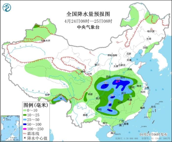 全国降水量预报图(4月24日08时-25日08时)