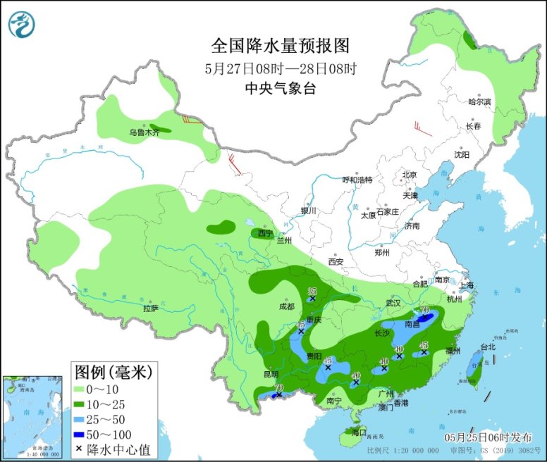 　　全国降水量预报图(5月27日08时-28日08时)