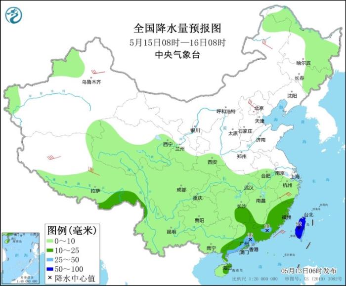 全国降水量预报图(5月15日08时-16日08时) 