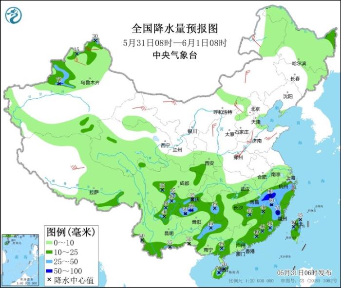 全国降水量预报图(5月31日08时-6月1日08时)