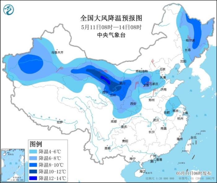 全国大风降温预报图(5月11日08时-14日08时)