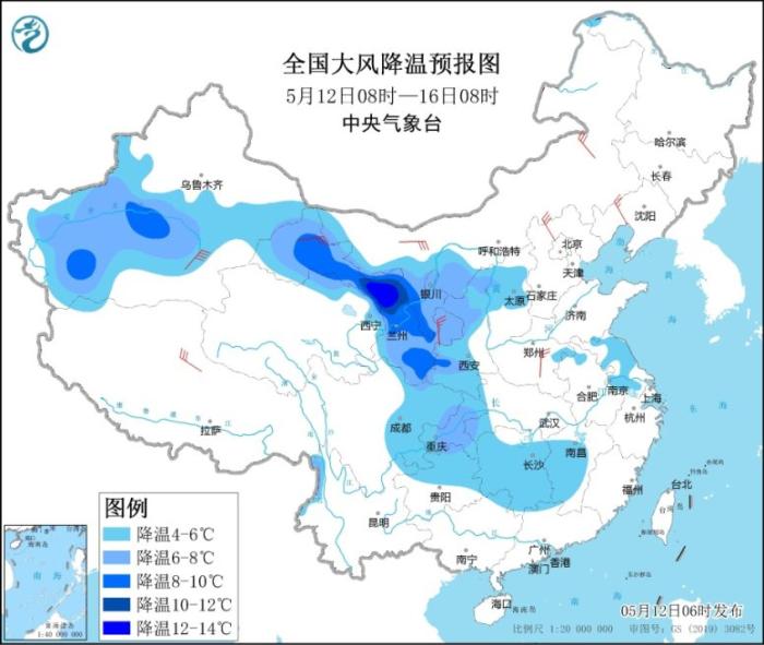 全国大风降温预报图(5月12日08时-16日08时)