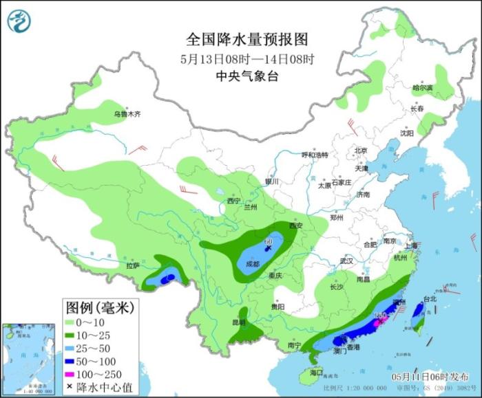 全国降水量预报图(5月13日08时-14日08时)