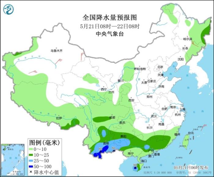 全国降水量预报图(5月21日08时-22日08时)