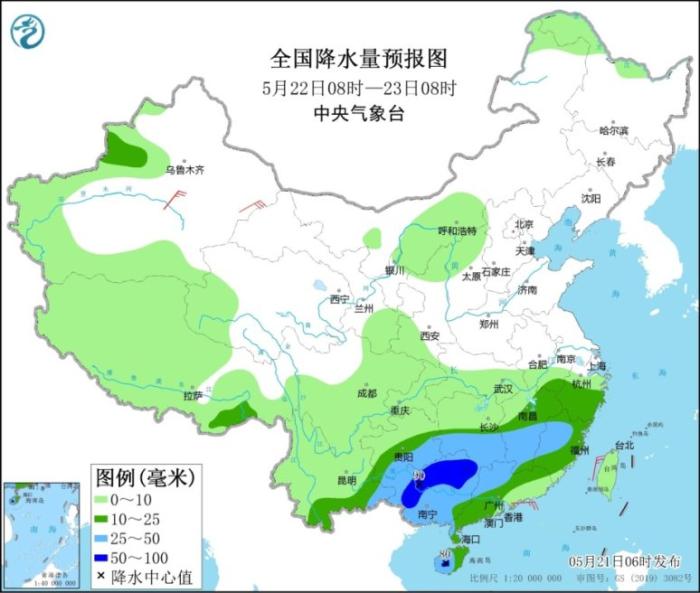 全国降水量预报图(5月22日08时-23日08时)