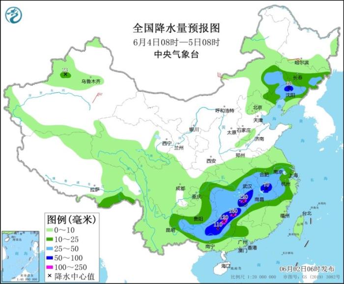 全国降水量预报图(6月4日08时-5日08时)