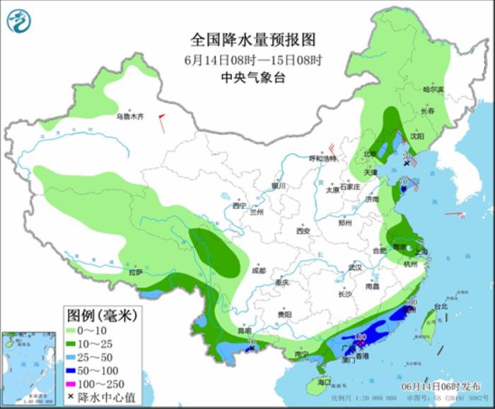 全国降水量预报图(6月14日08时-15日08时)