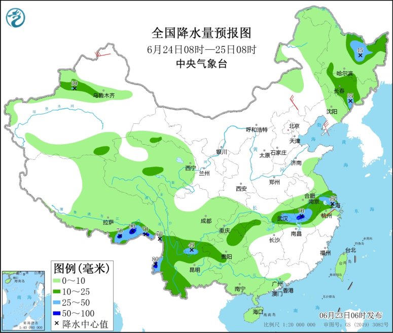 　　全国降水量预报图(6月24日08时-25日08时)