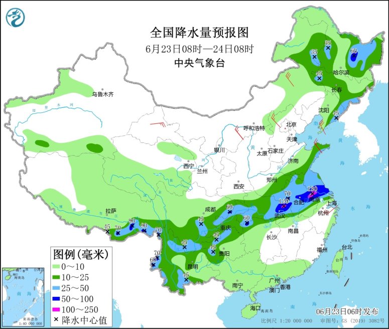 　　全国降水量预报图(6月23日08时-24日08时)