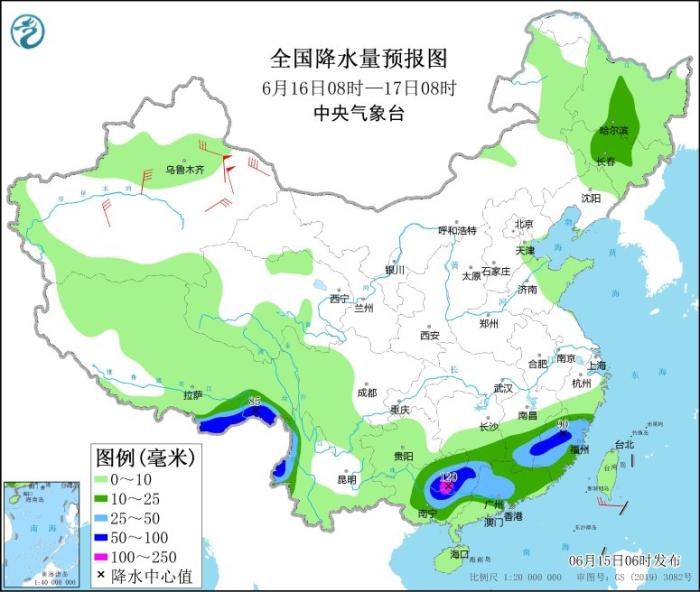 全国降水量预报图(6月16日08时-17日08时)