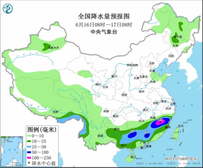 全国降水量预报图(6月16日08时-17日08时)