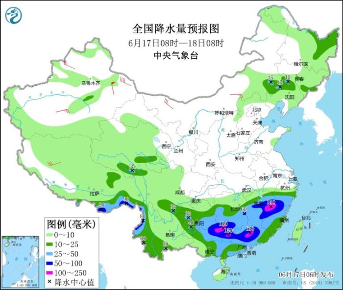 全国降水量预报图(6月17日08时-18日08时)