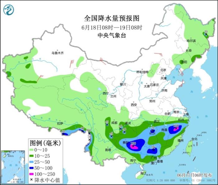 全国降水量预报图(6月18日08时-19日08时)