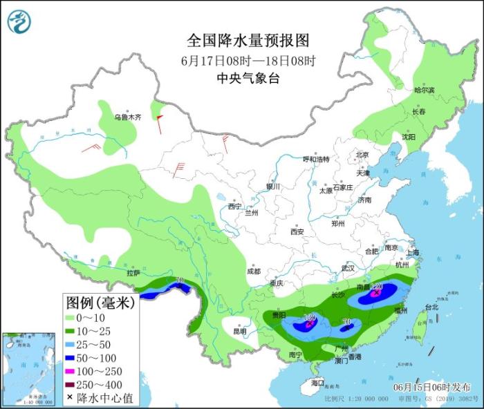 全国降水量预报图(6月17日08时-18日08时)