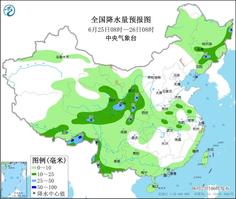 　　全国降水量预报图(6月25日08时-26日08时)