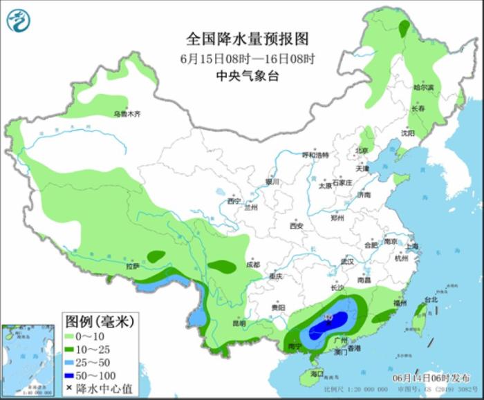 全国降水量预报图(6月15日08时-16日08时)