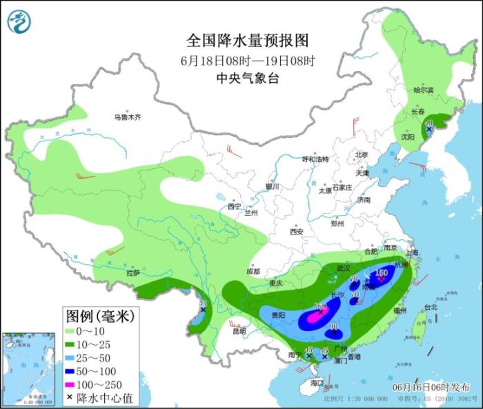 全国降水量预报图(6月18日08时-19日08时)