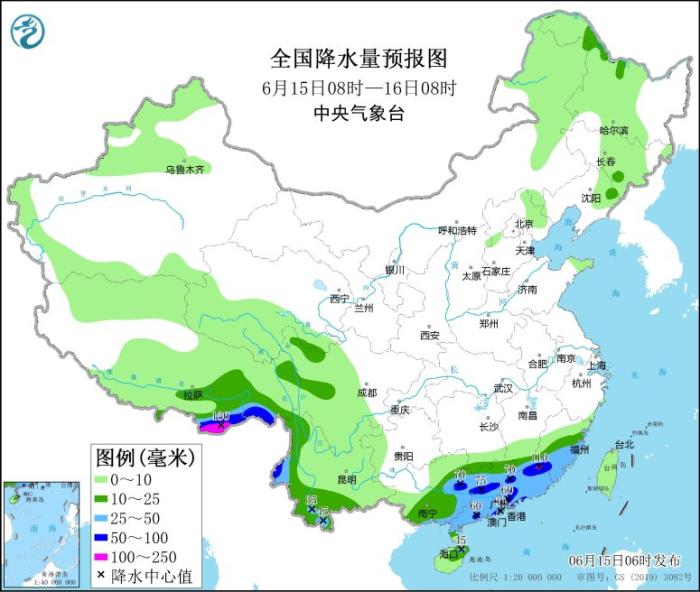 全国降水量预报图(6月15日08时-16日08时)