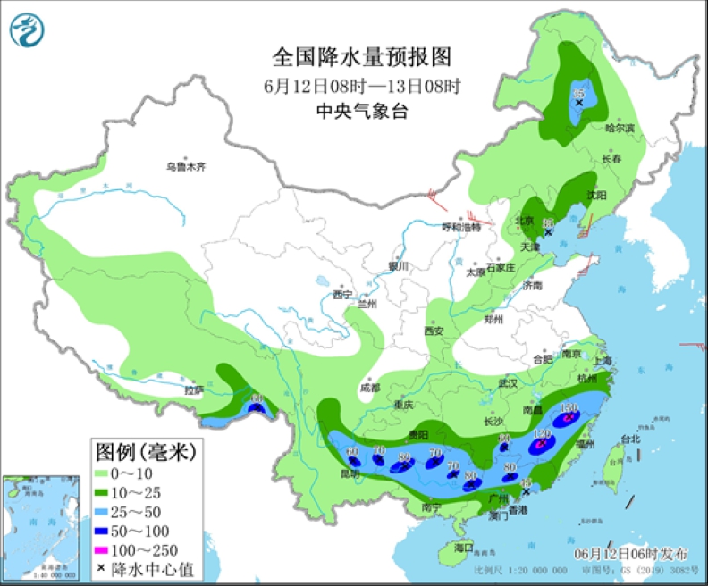 全国降水量预报图(6月12日08时-13日08时)