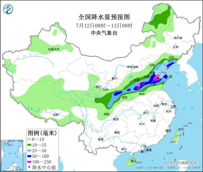 全国降水量预报图(7月12日08时-13日08时)