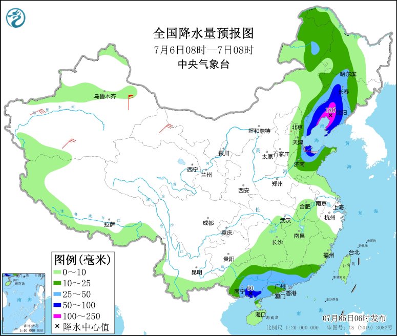 　　全国降水量预报图(7月6日08时-7日08时)