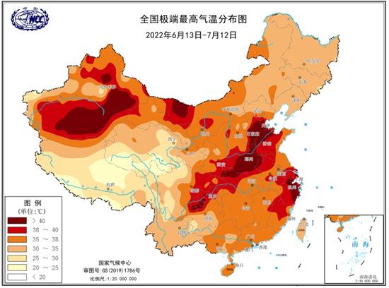 2022年6月13日至7月12日全国极端最高气温分布(图源：国家气候中心)