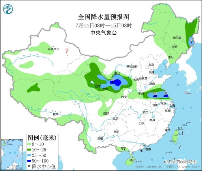 全国降水量预报图(7月14日08时-15日08时)