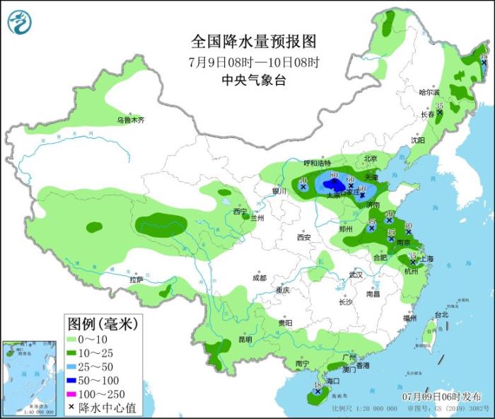 全国降水量预报图(7月9日08时-10日08时)