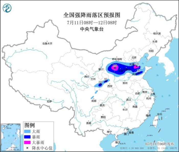 全国强降雨落区预报图(7月11日08时-12日08时)