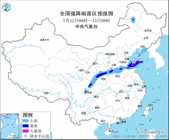 全国强降雨落区预报图(7月12日08时-13日08时)