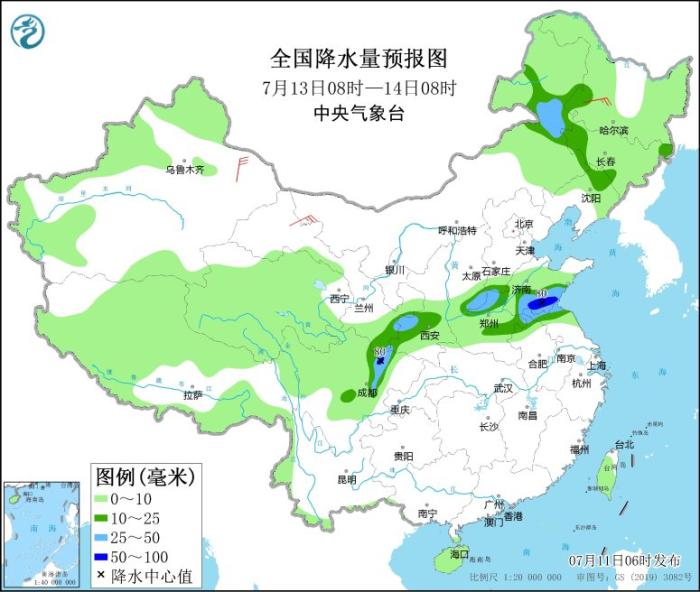 全国降水量预报图(7月13日08时-14日08时)