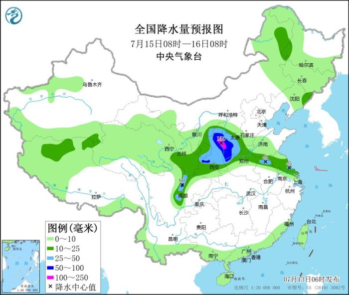 全国降水量预报图(7月15日08时-16日08时)