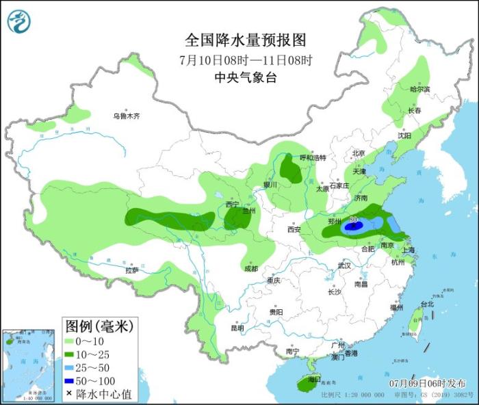 全国降水量预报图(7月10日08时-11日08时)