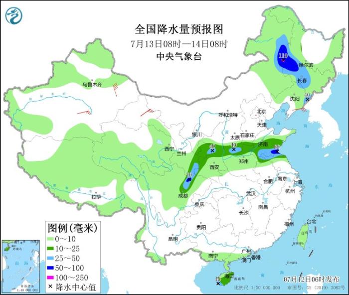 全国降水量预报图(7月13日08时-14日08时)