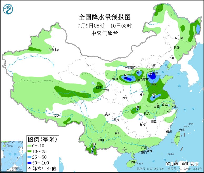 　　全国降水量预报图(7月9日08时-10日08时)