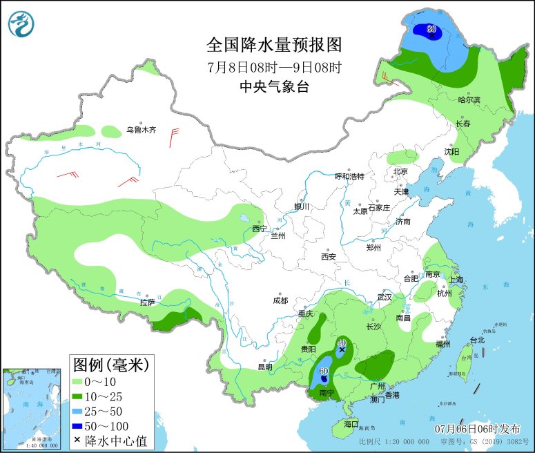 　　全国降水量预报图(7月8日08时-9日08时)