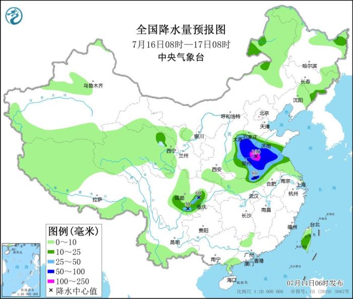 全国降水量预报图(7月16日08时-17日08时)