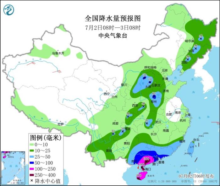 全国降水量预报图(7月2日08时-3日08时)