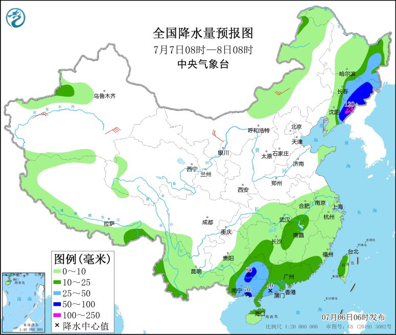 　　全国降水量预报图(7月7日08时-8日08时)