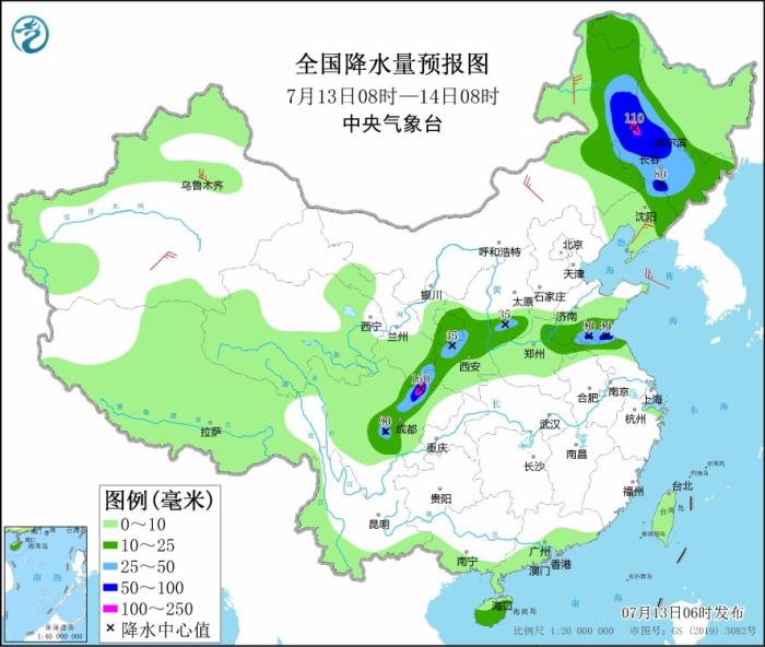 全国降水量预报图(7月13日08时-14日08时)