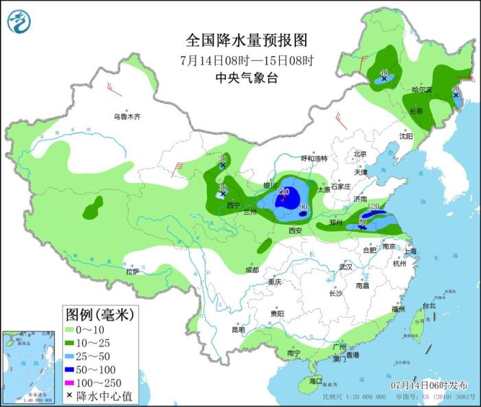 全国降水量预报图(7月14日08时-15日08时)