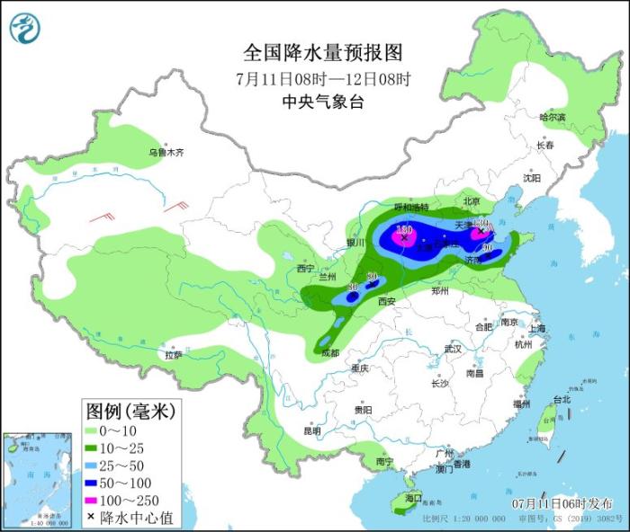 全国降水量预报图(7月11日08时-12日08时)