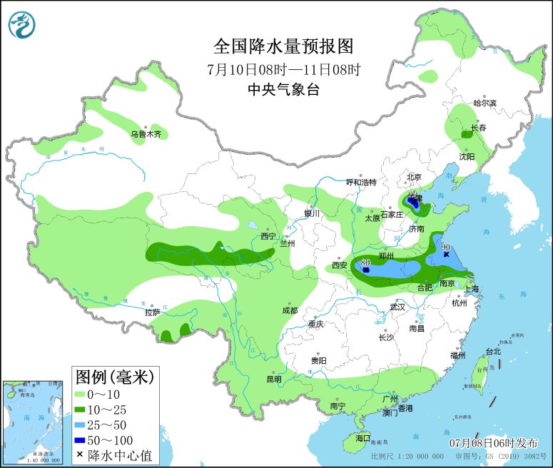 　　全国降水量预报图(7月10日08时-11日08时)