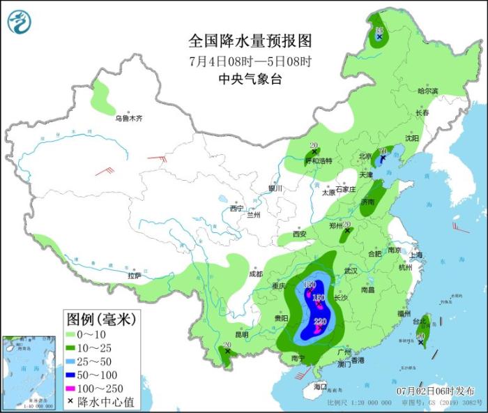 全国降水量预报图(7月4日08时-5日08时)