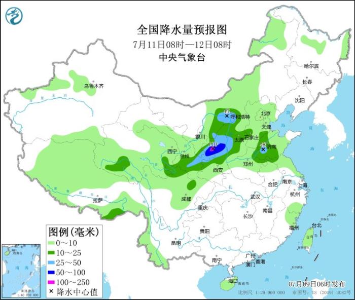 全国降水量预报图(7月11日08时-12日08时)