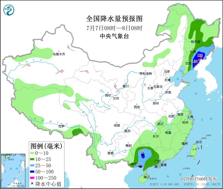 　　全国降水量预报图(7月7日08时-8日08时)