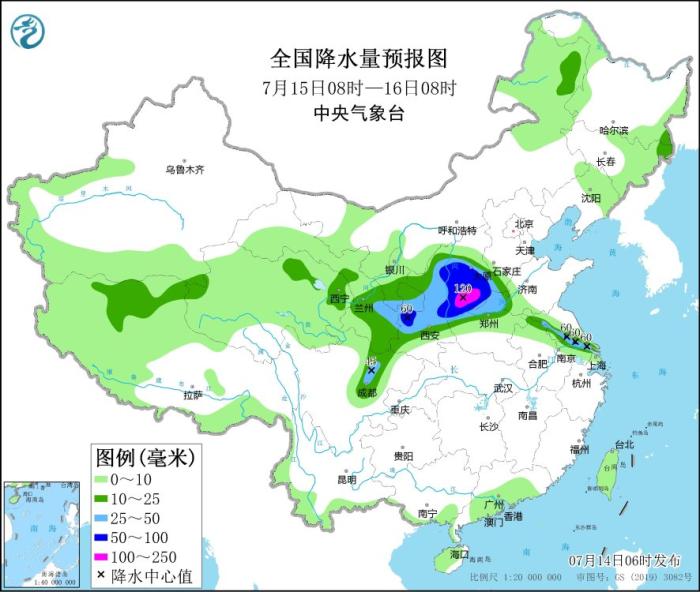 全国降水量预报图(7月15日08时-16日08时)