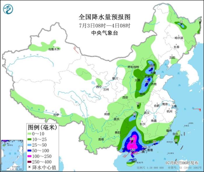 全国降水量预报图(7月3日08时-4日08时)