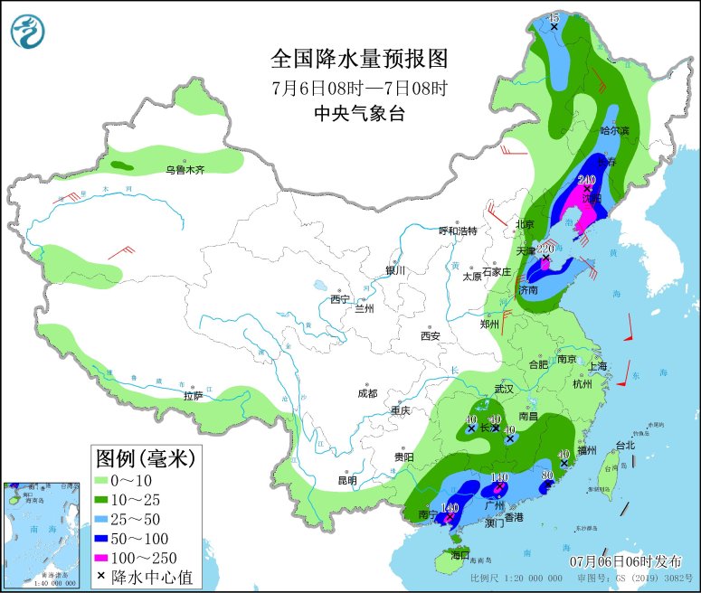 　　全国降水量预报图(7月6日08时-7日08时)